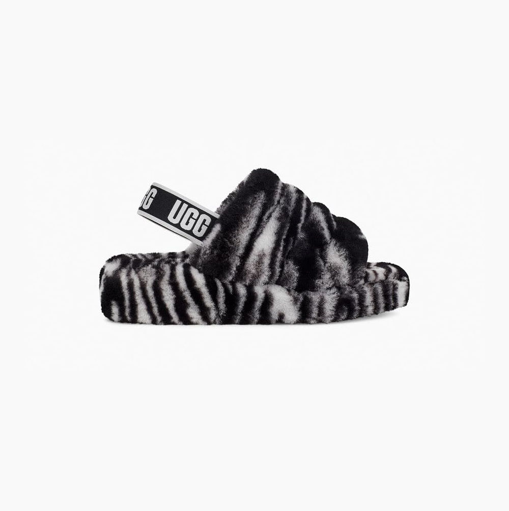 Dámské Sandály UGG Fluff Yeah Pantofle Zebra Černé Bílé | LWPWJVI0